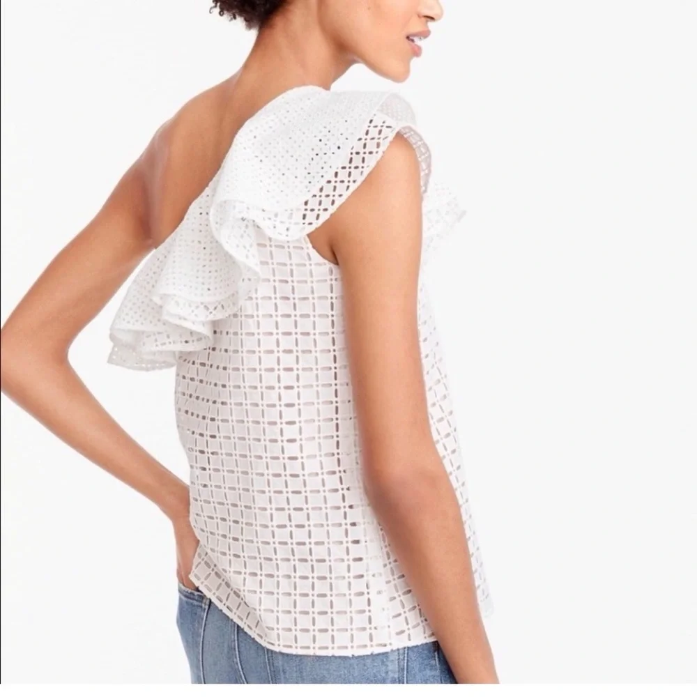 J. Crew Women’s Ruffle One Shoulder Eyelet Lace Top White 4